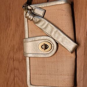 Coach Straw Wristlet with Gold Leather Trim